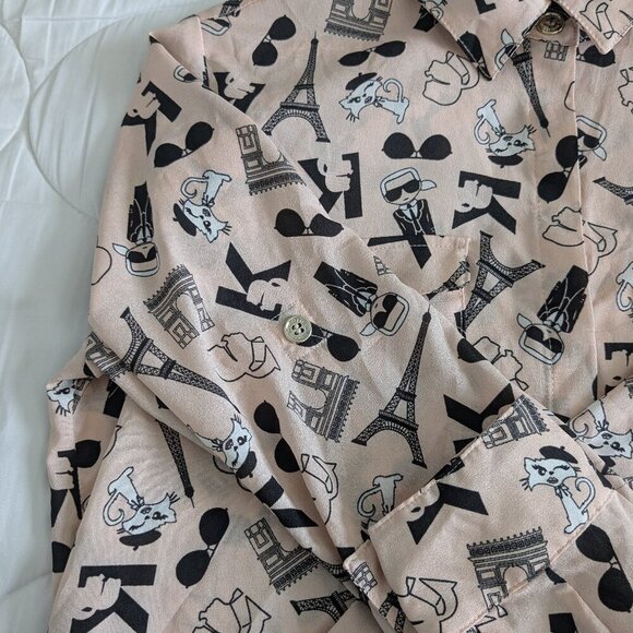Karl Lagerfeld Button-up Blouse Women's Medium Pink Graphic Cats Paris Top - Picture 12 of 16